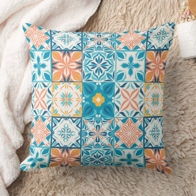 Ornate tiles in blue and orange cushion (Blanket)