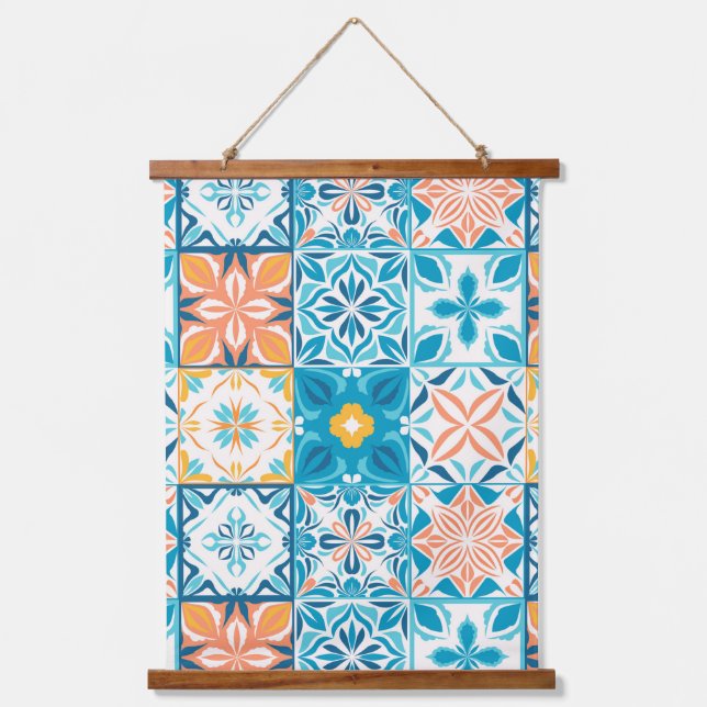 Ornate tiles in blue and orange hanging tapestry (Front)