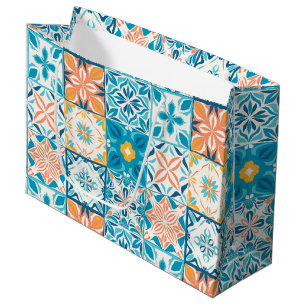 Ornate tiles in blue and orange large gift bag