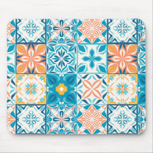 Ornate tiles in blue and orange mouse pad