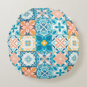 Ornate tiles in blue and orange round cushion