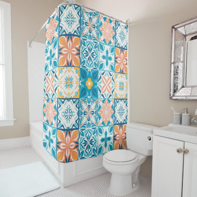 Ornate tiles in blue and orange shower curtain (In Situ)