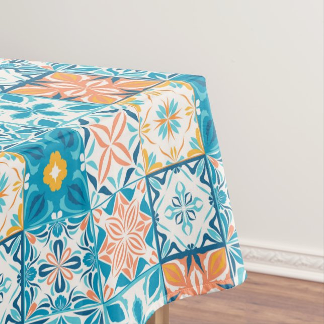 Ornate tiles in blue and orange tablecloth (In Situ)
