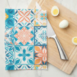 Ornate tiles in blue and orange tea towel<br><div class="desc">Hand-drawn colourful tiles,  floral decorative design,  ornate tiles</div>