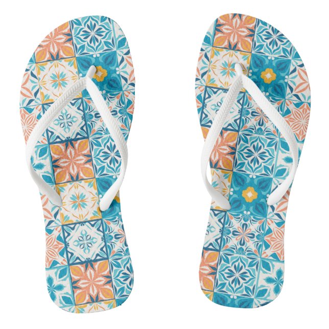 Ornate tiles in blue and orange thongs (Footbed)