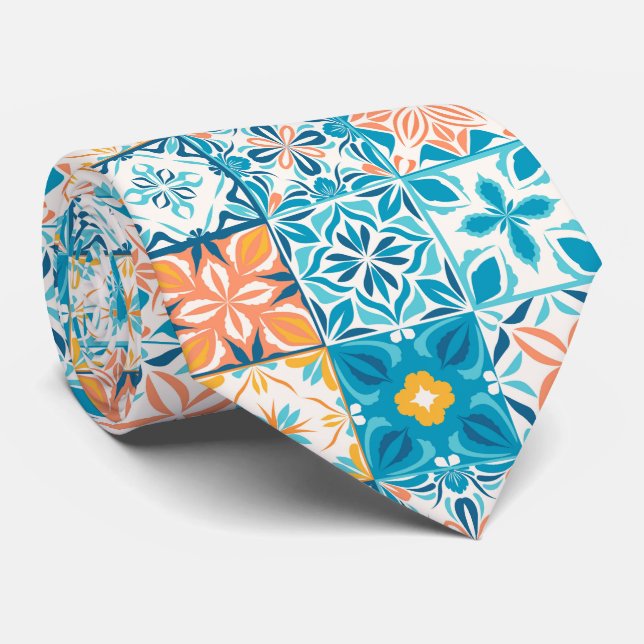 Ornate tiles in blue and orange tie (Rolled)