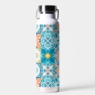 Ornate tiles in blue and orange water bottle
