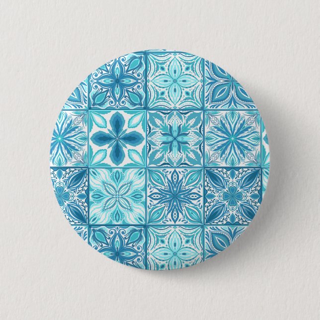 Ornate tiles in blue and white 6 cm round badge (Front)