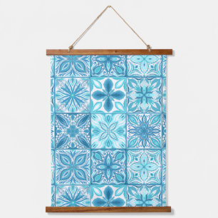 Ornate tiles in blue and white hanging tapestry