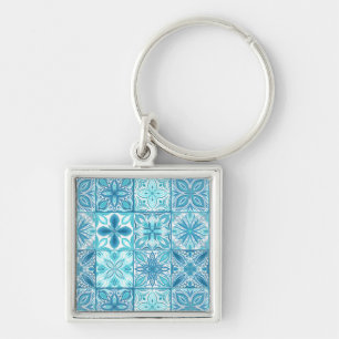 Ornate tiles in blue and white key ring