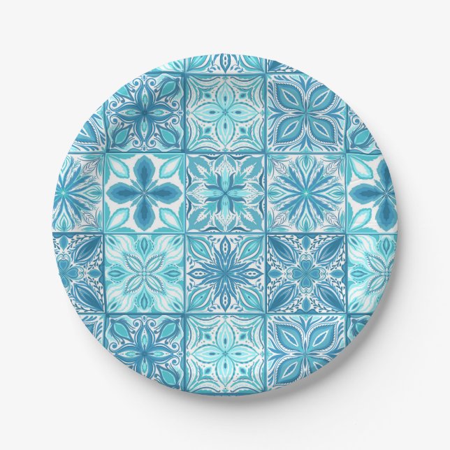 Ornate tiles in blue and white paper plate (Front)
