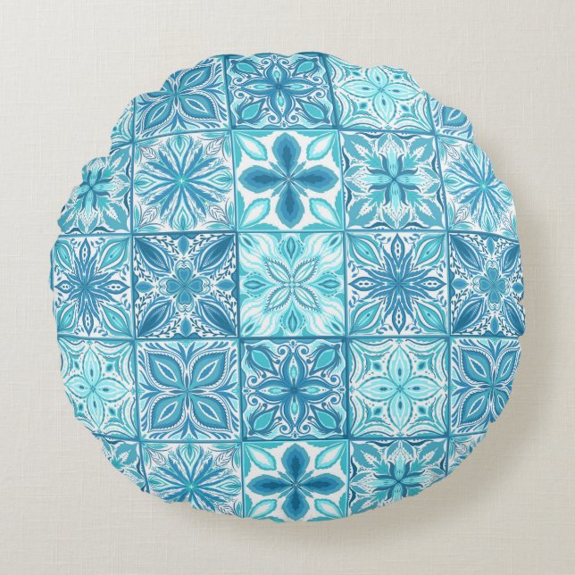 Ornate tiles in blue and white round cushion (Front)