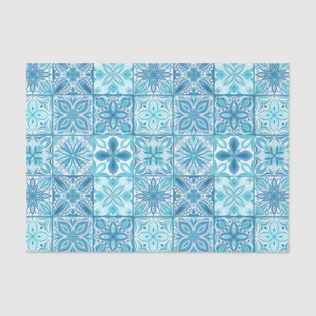 Ornate tiles in blue and white tissue paper (Front)