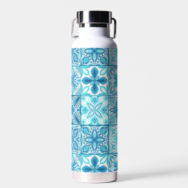 Ornate tiles in blue and white water bottle (Front)