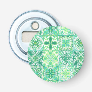Ornate tiles in green and white bottle opener