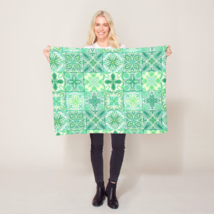 Ornate tiles in green and white fleece blanket