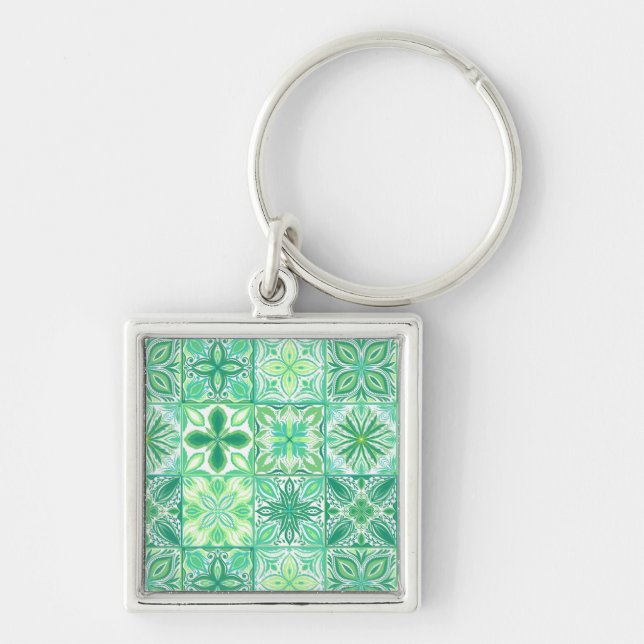Ornate tiles in green and white key ring (Front)