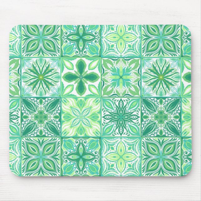 Ornate tiles in green and white mouse pad (Front)