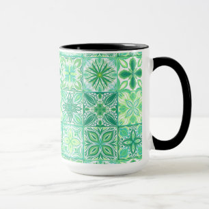 Ornate tiles in green and white mug