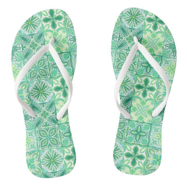 Ornate tiles in green and white thongs (Footbed)
