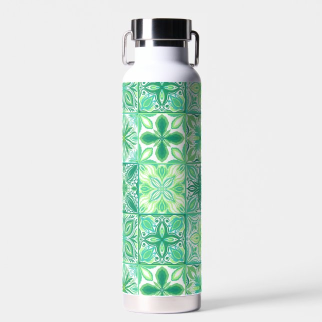Ornate tiles in green and white water bottle (Front)