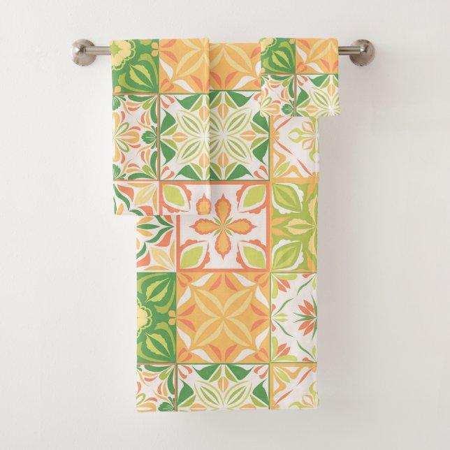 Ornate tiles in green and yellow bath towel set (Insitu)