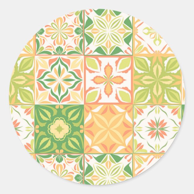 Ornate tiles in green and yellow classic round sticker (Front)