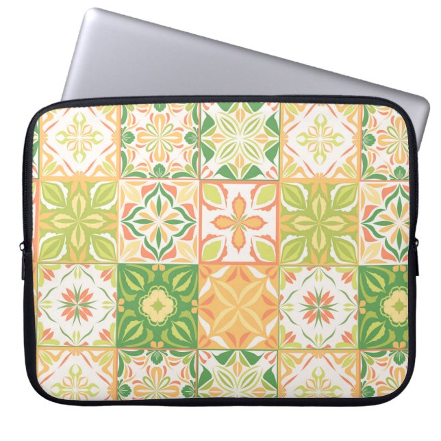 Ornate tiles in green and yellow laptop sleeve (Front)