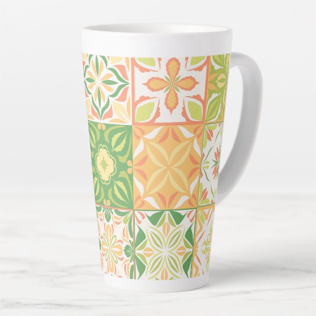 Ornate tiles in green and yellow latte mug (Right Angle)