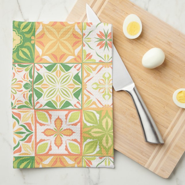 Ornate tiles in green and yellow tea towel (Quarter Fold)