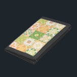 Ornate tiles in green and yellow trifold wallet<br><div class="desc">Hand-drawn colourful tiles,  floral decorative design,  ornate tiles</div>