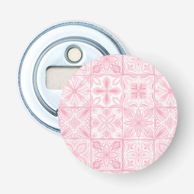 Ornate tiles in pink  bottle opener (Front)