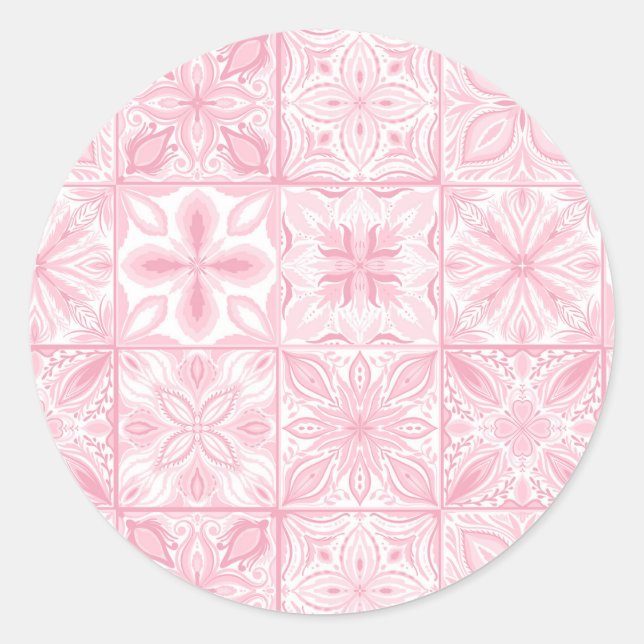 Ornate tiles in pink  classic round sticker (Front)