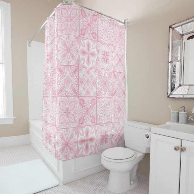 Ornate tiles in pink  shower curtain (In Situ)