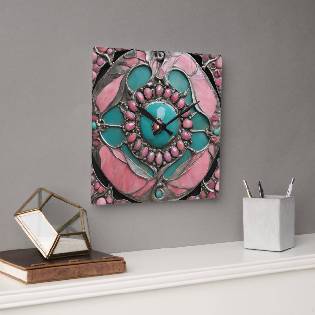 Ornate Tourmaline & Turquoise Art in Silver Square Wall Clock (Office)