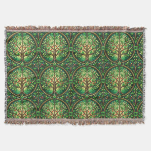 Ornate tree pattern in green and brown on a woven throw blanket