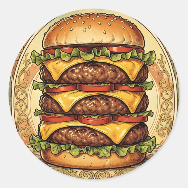 Ornate Triple Cheeseburger Classic Round Sticker (Front)