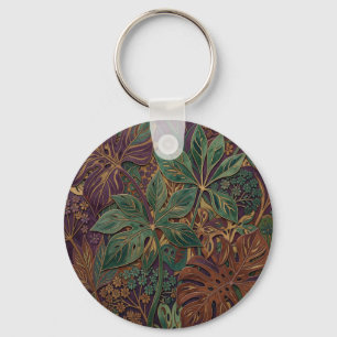 Ornate Tropical Monstera Leaves Purple Green Key Ring