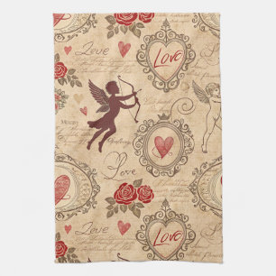 Ornate Victorian Cupid Valentine Romance Tea Towel