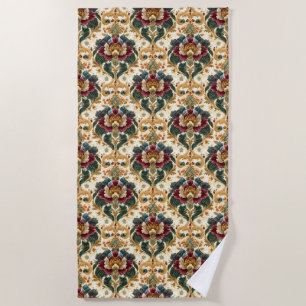 Ornate Victorian Floral Damask in Teal and Burgund Beach Towel