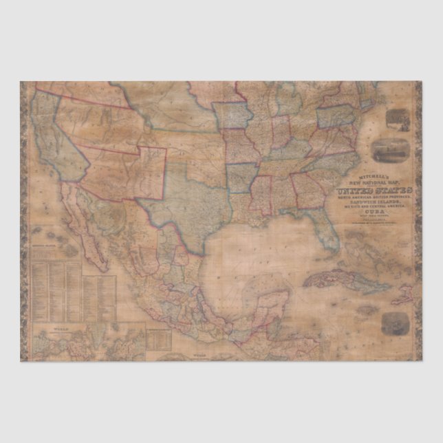 Ornate Victorian US Map on Aged Parchment Tissue Paper (Front)