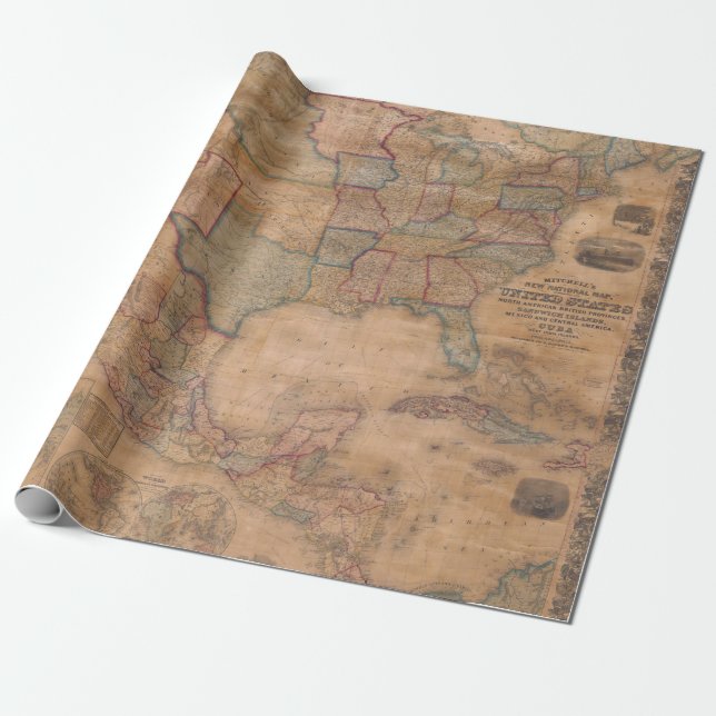Ornate Victorian US Map on Aged Parchment Wrapping Paper (Unrolled)