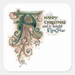 Ornate Vintage Illuminated Christmas Greeting Square Sticker