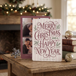 Ornate Vintage Merry Christmas Botanical Holiday Card