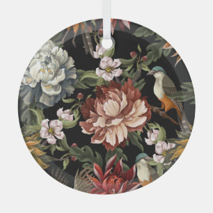 Ornate Vintage Peonies, Roses, Birds. Glass Tree Decoration