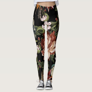 Ornate Vintage Peonies, Roses, Birds. Leggings