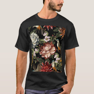 Ornate Vintage Peonies, Roses, Birds. T-Shirt