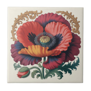 Ornate Vintage Poppy Floral Illustration Ceramic Tile