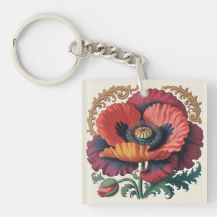 Ornate Vintage Poppy Floral Illustration Key Ring
