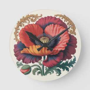 Ornate Vintage Poppy Floral Illustration Round Clock